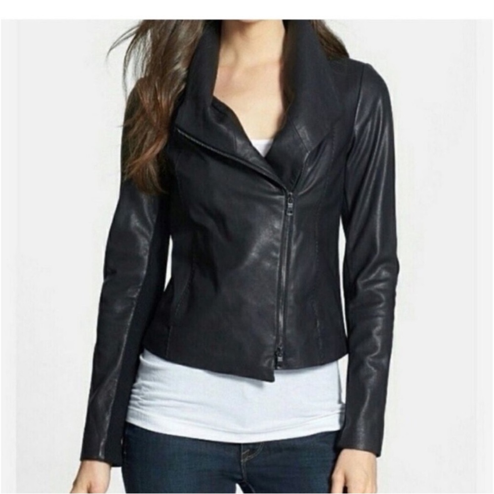 Vince Black 100% Leather Jacket with Ribbed Knit Panels Size XS